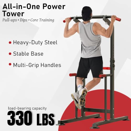Power Tower Pull Up & Dip Station Multi-Function Home Strength Training Fitness Workout Station Height Adjustable - color: Black And Red
