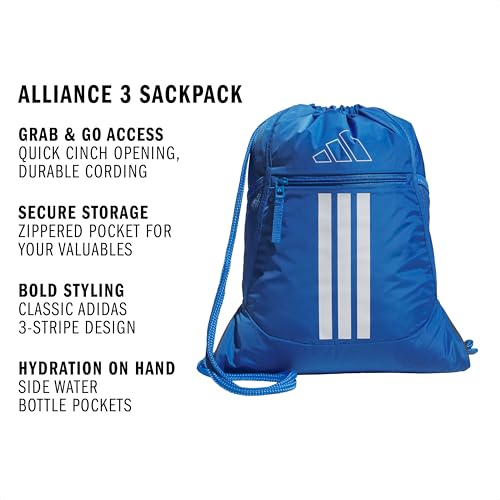 adidas Alliance Sackpack – Drawstring Backpack for Sports, Small Gym Bag, Ray Blue/White/3, OSFA - color: Ray Blue/White/3