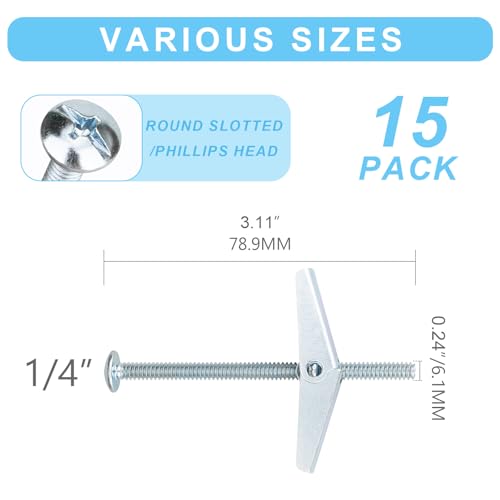 15 Pcs 1/4 Inch Toggle Bolts Heavy Duty Metal Drywall Anchors Kit | Dry Wall Anchors and Screws Kit for Hanging Lamps Heavy Items, Butterfly Anchors for Ceiling, Sheetrock, Hollow Wall - size: 1/4"-30pcs(15sets)