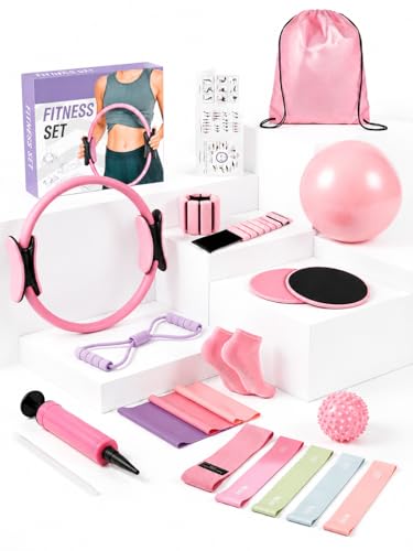 20PCS Pilates kit,Pilates Equipment Kit for Women with 13.5“Pilates Ring and Ball，Resistance Bands, Ankle Weights, Sliders & Grip Socks Accessories for Starter Home, Office & Travel