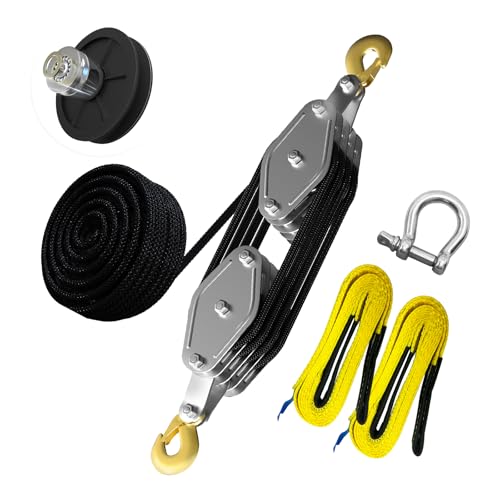 YATOINTO Upgraded Rope Hoist Pulley System, 4400LBS Block and Tackle with 304 Stainless Steel Shackle 2PCS Lift Sling, 8:1 Power 65ft Heavy Duty Pulley Block for Lifting Garage Warehouses Building - color: black, size: UPGRADED-4wheels+2lift sling&1shackl