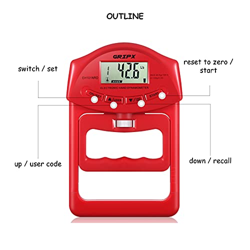Digital Hand Dynamometer Grip Strength Measurement Meter Auto Capturing Electronic Hand Grip Power 198Lbs / 90Kgs - color: Red