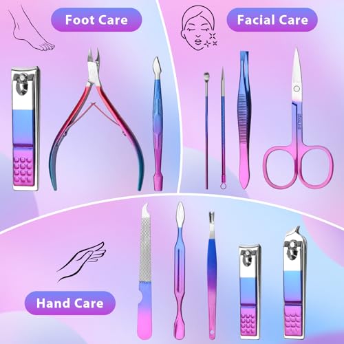 CGBE 12Pcs Manicure Set Nail Clippers Pedicure Kit Men Women Grooming kit Manicure Professional Nail Care Tools Gift with Luxurious Travel Case - color: Colorful-12pcs