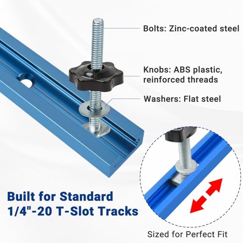 20 Sets T-Track Knob Kit, 1/4"-20 T Bolts (1", 1-1/2", 2-1/2") with Star Knobs & Washers, Assorted T Slot Bolts for Woodworking Jigs, Clamps & Fixture Building