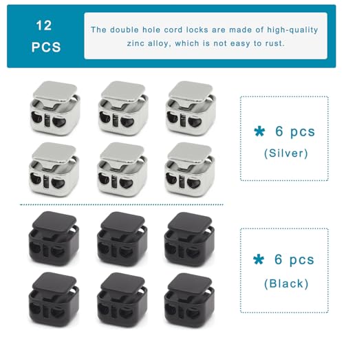 Enosea 12 Pieces Heavy Duty Cord Locks, Double Hole Draw String Clip | Metal Toggle Stoppers for Drawstrings, Shoelaces, Paracord