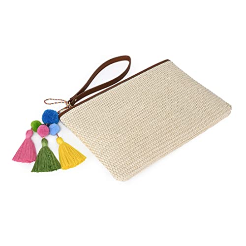 Luxury Straw Wristlet Pouch Beach Clutch Bag Small Summer Vacation Purse w. Colorful Pom Poms Tassels for Women - color: Beige