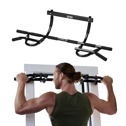 SPRI Pull Up Bar - 8-Grip and 12-Grip Door Frame Mounting Pull-Up Bar for Versatile Workouts - Rugged Steel Frame with Foam Handles - Supports 300 Pounds - Fits Door Frames Up to 32 in. Wide – Black - size: 12 Grip