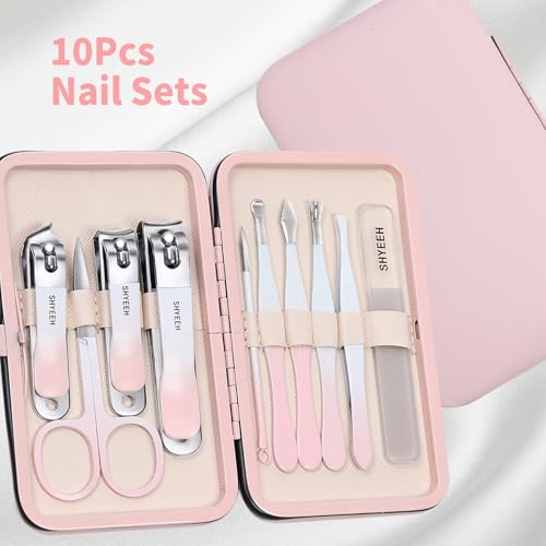 Manicure Set, 10 pcs High-Carbon Steel Nail Clippers Set, Portable Mini Manicure and Pedicure Kit, Travel Grooming Nail Kit with Leather Bag for Men and Women - color: Pink