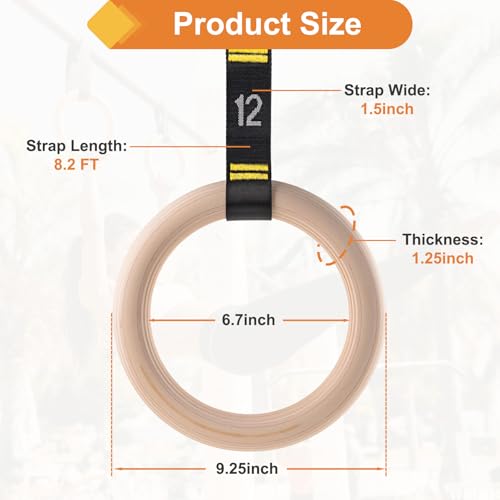 Wooden Gym Rings, 9ft Numbered Double-Layer Quick Adjust Straps | Sturdy wooden gymnastic rings build upper body and core strength for daily bodyweight fitness and muscle shaping routines