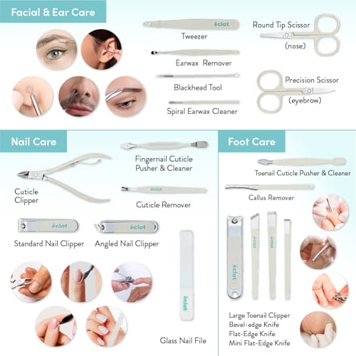 Éclat Manicure Pedicure Kit for Men & Women, 18Pcs Finger & Toe Nail Care Tools Includes Nail Clipper Cutter, Tweezer, File, Cuticle Pusher, Personal Care Professional Grooming Set With Travel Case - color: Large Mani+pedi Set (18pc Cream)