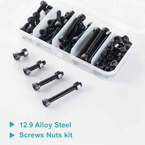 M5 x 10mm 20mm 30mm 40mm Hex Socket Head Cap Screws Bolts and Nuts, 12.9 Grade Alloy Steel, Black Oxide Finish, Metric Allen Drive, Fully Thread, Assortment Kit 80PCS - size: Socket M5x10-40mm+Nuts
