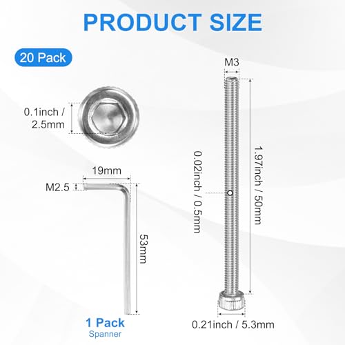 M METERXITY 20-Pack M3 x 50mm Socket Head Cap Screws, 304 Stainless Steel Hex Machine Bolts, Allen Socket Drive Screw with Hex Wrench for Repair/DIY, Fully Threaded Fasteners Kit [Silver] - size: M3 x 50mm