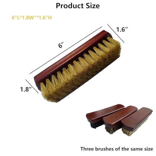 6" Shoe Brush Set, 3-Stiffness Horsehair Boar Nylon | 100% Horsehair, Boar Bristle, Stiff Nylon Bristle; For Leather & Boots Cleaning & Polishing; Beech Wood Handle