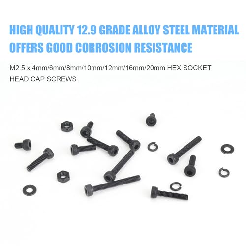 DYWISHKEY 566 Pieces M2.5 Black Screws, 12.9 Grade Alloy Steel M2.5X 4/6 /8/10 /12/16 /20mm Hex Socket Head Cap Screws Bolts Nuts Washers Assortment Kit - size: M2.5, style: Socket Head