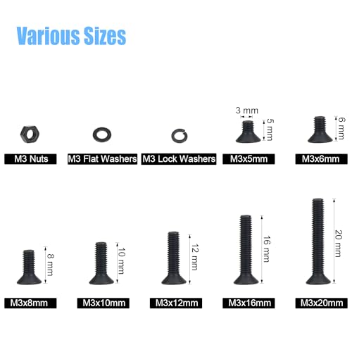 DYWISHKEY 566 Pieces M3 Black Screws, 10.9 Grade Alloy Steel M3x 5/6 /8/10 /12/16 /20mm Countersunk Head Socket Cap Screws Bolts Nuts Washers Assortment Kit - size: M3, style: Countersunk Head Socket Cap