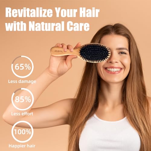 Boar Bristle Hair Brush, 100% Soft Bristle Brush for Fine Thin Hair | Beech Wood Handle, Gentle Scalp Massage, Smooths Frizz, Distributes Natural oils. Women, Kids & Toddler gift - color: Pale Oak