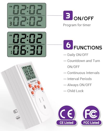 NEARPOW Infinite Cycle Digital Timer Outlet Switch, Programmable 3-Prong | Multifunctional Plug-in Electrical Timer, Energy-Saving Power Switch, Heavy Duty 15A/1800W for Household Appliances - color: Orange