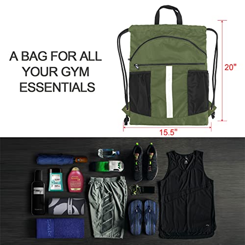 BeeGreen Drawstring Backpack Bag with Shoe Compartment, X-Large Black Gym Sports String Cinch Backpack - color: Moss Green