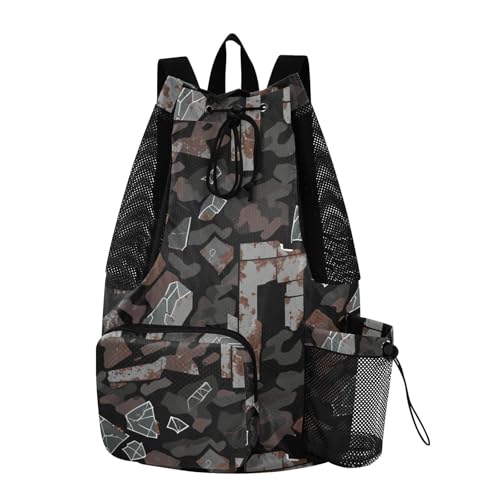 Drawstring Climbing Gym Bag With Water Bottle Holder Drawstring Backpack with Wet Dry Compartments Camouflage Metal Brown Fragment Dark
