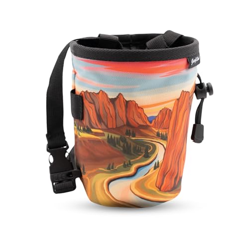 Rock Climbing Chalk Bag | for Outdoor, Gym, & Bouldering | Adjustable Waist Belt, Durable Drawstring Closure, & Zippered Pocket - style: Smith Rock
