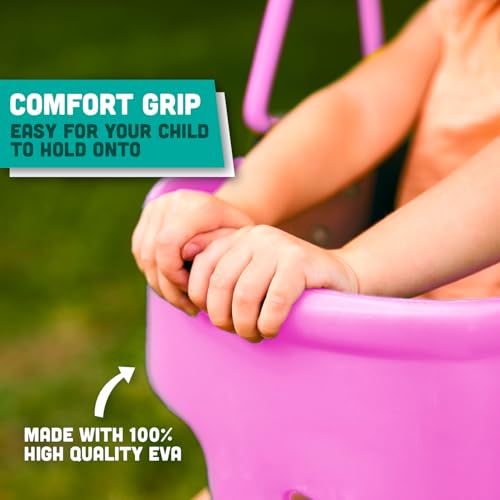 Premium High Back Full Bucket Toddler Swing Seat with Finger Grip, Plastic Coated Chains and Carabiners for Easy Install - Pink - Squirrel Products - color: Pink