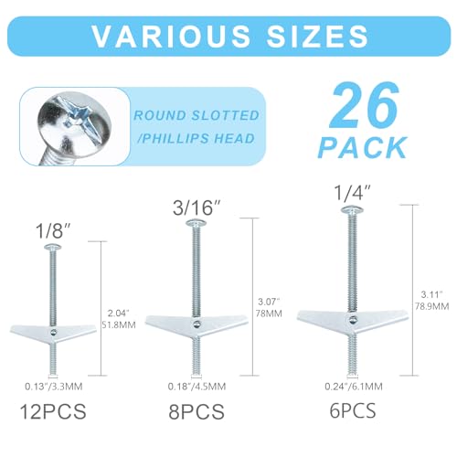 26 Sets 3 Size Toggle Bolts Heavy Duty Metal Drywall Anchors Kit | Toggle Bolts and Wing Nuts Set, Hollow Anchors Bolts Screws for Hanging Lamps Heavy Items 1/8" 12pcs, 3/16" 8pcs, 1/4" 6pcs - size: 3 Size Kit-52pcs(26sets)