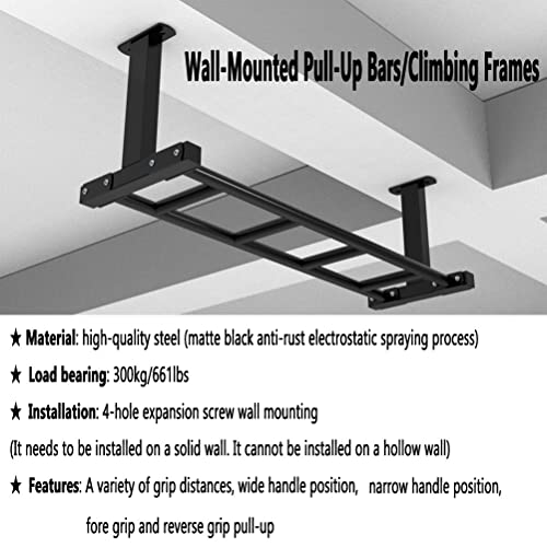 Wall Mounted Pull Up Bar, Heavy Duty Ceiling Clim e, Home Gym Multifunctional Strength Training Fitness Equipment, Load 300kg
