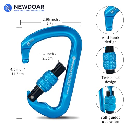NewDoar CE Certified 30kN-6744lbs Climbing Carabiner Professional, Heavy Duty D Screwgate Clip, for Climbing,Rappelling,Hunting, Rescue - color: Screwgate/Blue/5pcs