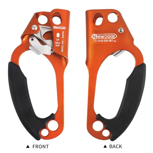 NewDoar UIAA & CE Certified Hand Ascender Rock Climbing Tree Arborist Rappelling Gear Equipment Rope Clamp for 8~13MM Rope - color: Orange-Left