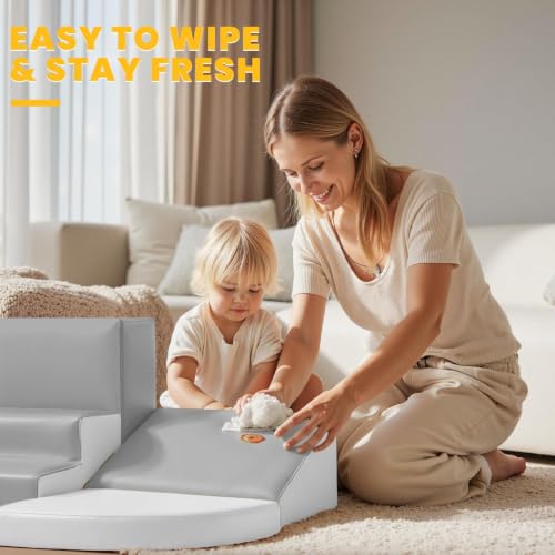 Hoohtoot Soft Foam Climbing Blocks for Toddlers: 6-Piece PU Leather Play Set - Kids Climbing and Crawling Toys - Indoor Baby Play Structure - Fun Learning Gym - style: Grey/White