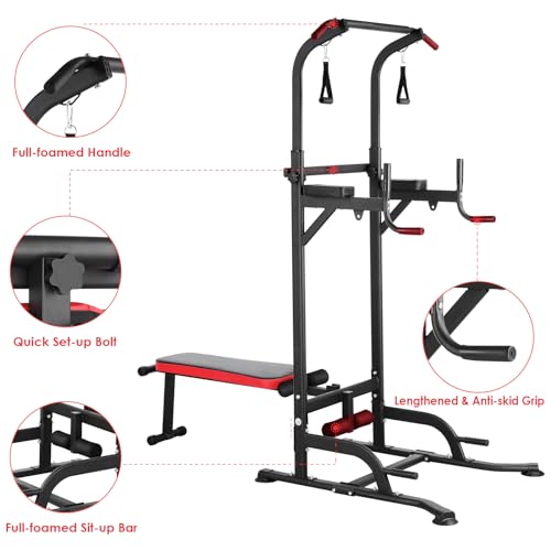 Arlopu Multi-Function Power Tower with Folding Bench 4 Training Ropes | Pull Up Bar Stand with Adjustable Heights and Angles, Heavy-duty Frame, 400LBS Capacity, Home Gym Full-body Strength Training