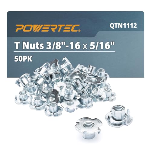 POWERTEC 3/8-16 T Nuts, 50 Pcs | 4 Pronged Tee Nuts for Bolts and Stem Caster Wheels, Threaded Inserts for Wood Working, Rock Climbing Holds and Furniture, For Use with Hammer | 5/16" length (QTN1112) - size: 5/16", style: 3/8"-16