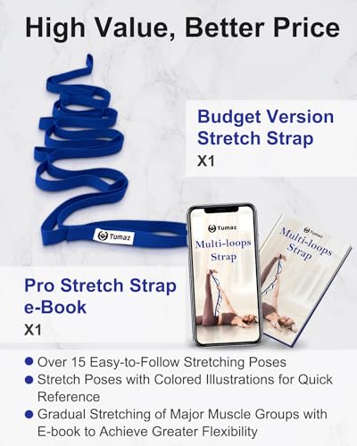 Tumaz Stretching Strap, 10-Loop Non-Elastic Yoga Strap | Designed for stretching, yoga, Pilates and rehab with 10 loops, durable webbing and a longer 79-inch design - color: Blue Lite, size: Budget-Essential