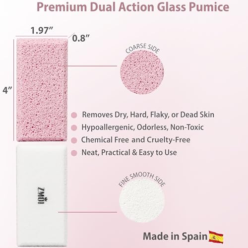 Glass Pumice Stone Callus Remover for Feet, Elbows, Hands, and Knees, Spain Made - 2 in 1 Pedicure Exfoliator and Scrubber for Rough, Hard Skin (Pink Color) - style: Pink - 2 Count ( Pack of 1)