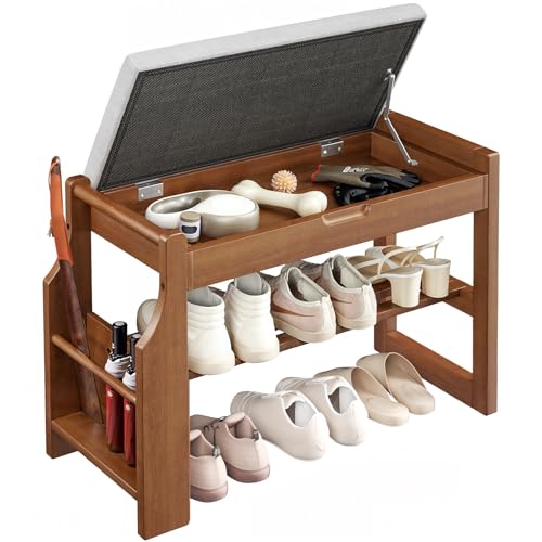 Pipishell 26″ Solid Pine Wood Shoe Rack Bench with Soft Cushion, 2 Tiers Shoe Storage Organizer with Lift-Top Storage and Side Holder, Holds up to 440 lbs, Shoe Bench for Entryway, Hallway, Bedroom - size: 25.8 Inch