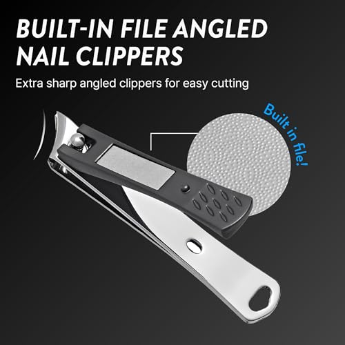 Ingrown Toenail Clippers for Seniors Thick Toenails, 7 Pcs Heavy Duty Large Pedicure Toe Nail Clipper Set with Wide Opening, Includes Nail Cutter, File, Lifter, Cuticle Pusher, Travel Case - color: 7 Pcs Set (Angled Clippers + Large Toenail Clipper)