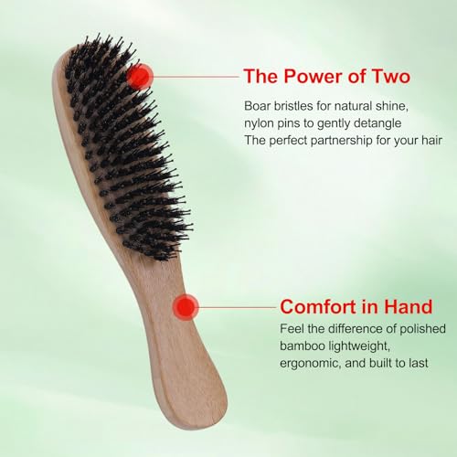 PERFEHAIR Boar Bristle Hair Brush, Bamboo Handle Mini Brush, 7.5 in | Dual boar + nylon bristles · 65g bamboo handle · 7.5 x 1.6 in · smooths thick, curly, fine hair · for women, men & kids