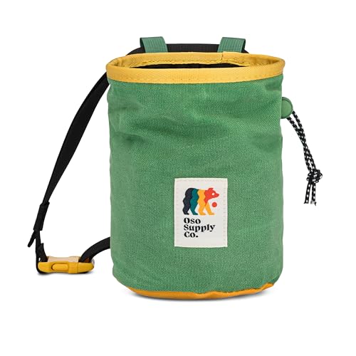 Oso Supply Co - Waxed Canvas Chalk Bag - Zipper Pocket & Mesh Pouch for Bouldering, Rock Climbing, Gym, Weightlifting – Water-Resistant, Adjustable Belt, Wide Opening - color: Evergreen / Yellow / Orange