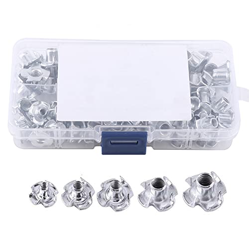 120 Pcs M3 M4 M5 M6 M8 Zinc Plated Carbon Steel T-Nuts Four Claws Nut Assortment Kit for Wood, Rock Climbing Holds, Cabinetry, Furniture