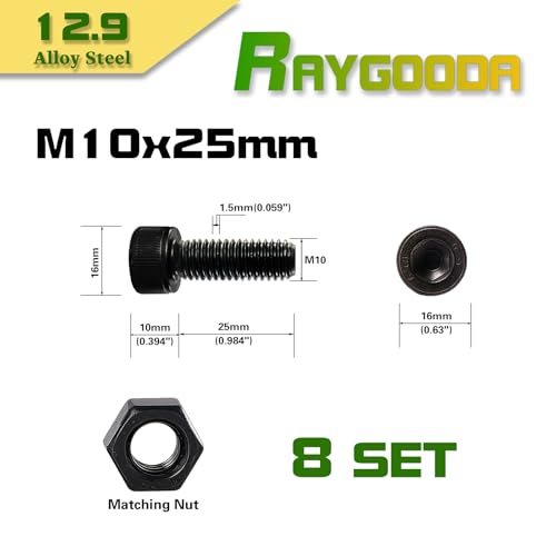 M10-1.5x25 Socket Head Cap Screw and Nut Kit 8set, Grade 12.9 Alloy Steel, Black Oxide Finish, Full Thread, High Tensile Strength for Automotive, Machinery & Heavy Duty Use - size: M10x25mm(8 Sets）