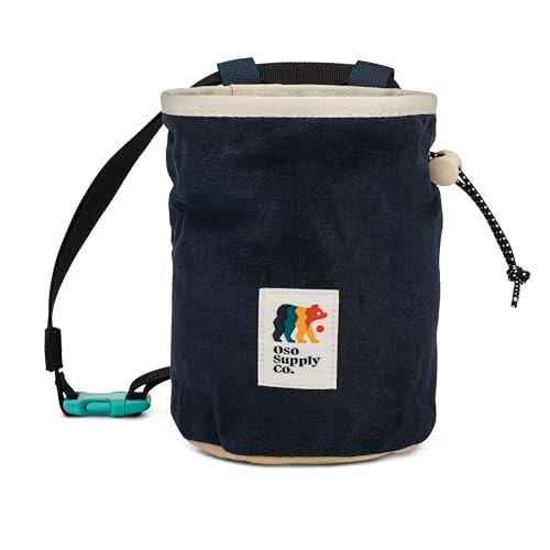 Oso Supply Co - Waxed Canvas Chalk Bag - Zipper Pocket & Mesh Pouch for Bouldering, Rock Climbing, Gym, Weightlifting – Water-Resistant, Adjustable Belt, Wide Opening - color: Midnight Blue / Cream