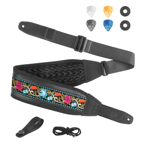 Guitar Straps for Electric Guitar Bass, Jacquard Embroidery Guitar Strap, 3" Wide Padded Straps with 3D Sponge Filling, Comes with 4 Picks + 2 Strap Locks + 1 Headstock Tie + 1 Tie Rope, Bule - color: Blue Embroidery