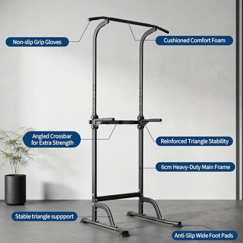 Power Tower Pull Up Bar Station - 330 LBS Stable Multi-Function Gym Dip Station for Home Strength Training Equipment - 10 Adjustable Heights Heavy Duty Pull-Up Tower with h-Shaped Base & Push-Up - color: Black