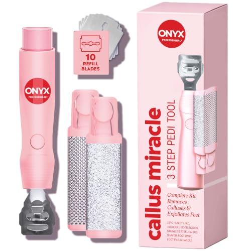 ONYX Professional Callus Miracle 3 Step Pedi Tool, Includes a Stainless Steel Foot Rasp for Dry Skin, Callus Shaver w/Replacement Blades for Thick Calluses, 15 Pieces