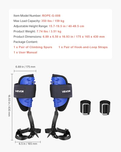 VEVOR Tree Climbing Spikes, 1 Pair Height-Adjustable Climbing Spurs, 350lbs Load Capacity Tree Climbing Gear with Straps, Arborist Equipment for Climbers, Hunting, Fruit Picking - color: Navy Blue (Basic)
