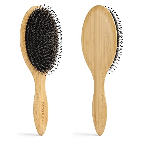 BESTOOL Hair Brush-Boar Bristle Hair Brushes Natural Bamboo Wooden Cushion Massage Anti Static Large Paddle Hairbrush for Women Men and Kid (Round) - color: Natural