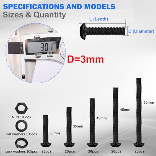 mxuteuk 420PCS M3 Screws,M3x30/35/40/45/50mm Button Head Socket Cap Screws Bolts Nuts Kit,10.9 Grade Alloy Steel M3 Bolts with Hex Wrench - size: 420PCS M3 x 30/35/40/45/50mm, style: Hex Socket Button Head