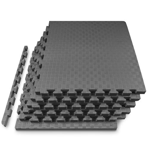 ProsourceFit Exercise Puzzle Mat 1-inch, Checkered EVA Foam Floor Tiles w/Non-Slip Texture, Interlocking Design for Adjustable Gym Surfaces, Shock Absorbing, Grey, 24 SQ FT - 6 Tiles