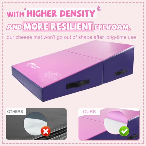 Kangaroo Hoppers Gymnastics Cheese Wedge Mat for Kids Ages 1-12 | 3 Sizes Folding Incline Mat with High-Density EPE Foam and Removable PVC Leather Cover, Home Gym Training Equipment - color: Purple/Pink, size: 34" x 24" x 13"