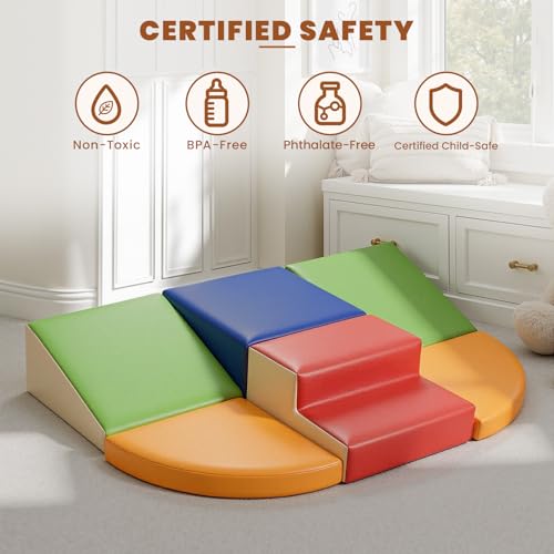 Hoohtoot Foam Climbing Blocks for Toddlers: 6-Piece Soft Play Set - PU Leather Climbing and Crawling Toys - Indoor Baby Learning Gym - Kids Play Structure for Birthday Gift - style: Red/Green